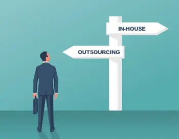 Outsource or inhouse - signpost. Businessman in front of a road sign. The choice of man. Banner outsourcing concept. Vector illustration flat design. Isolated on background.